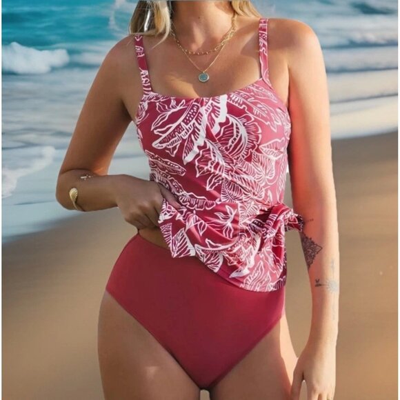 Cupshe Womens 2-Piece Tankini Swimsuit S Red Floral Square Neck Side Tie Cheeky - Picture 1 of 9